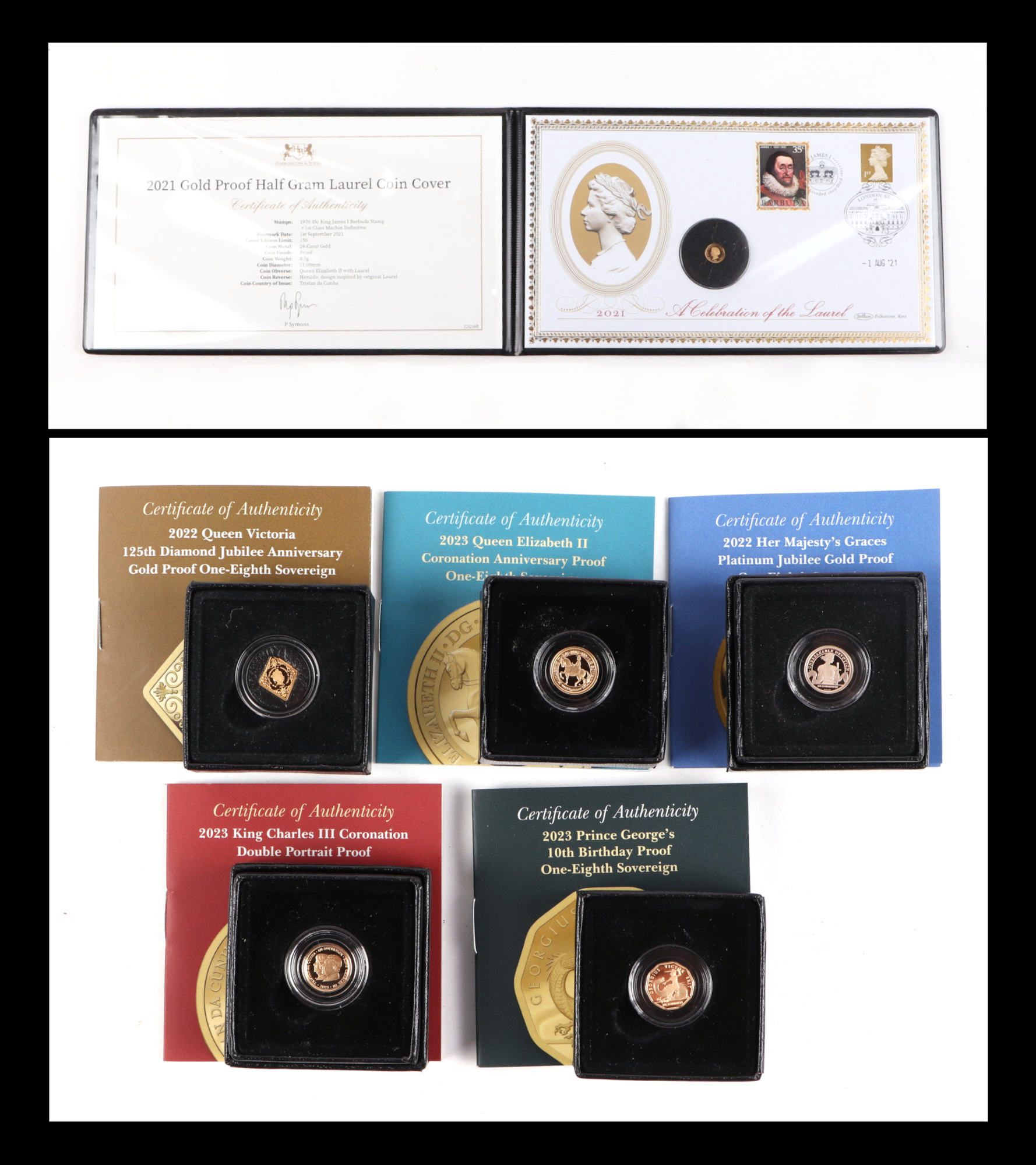 A group of commemorative gold one eighth sovereigns, 125 Diamond Jubilee anniversary, Prince Georges