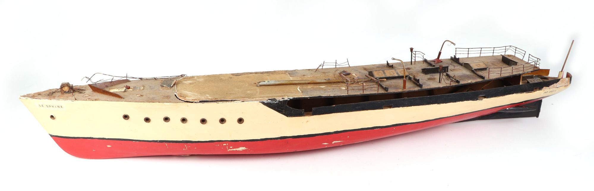 A scratch built model of a warship with painted wooden hull, approx 125cm long; together with - Image 12 of 13