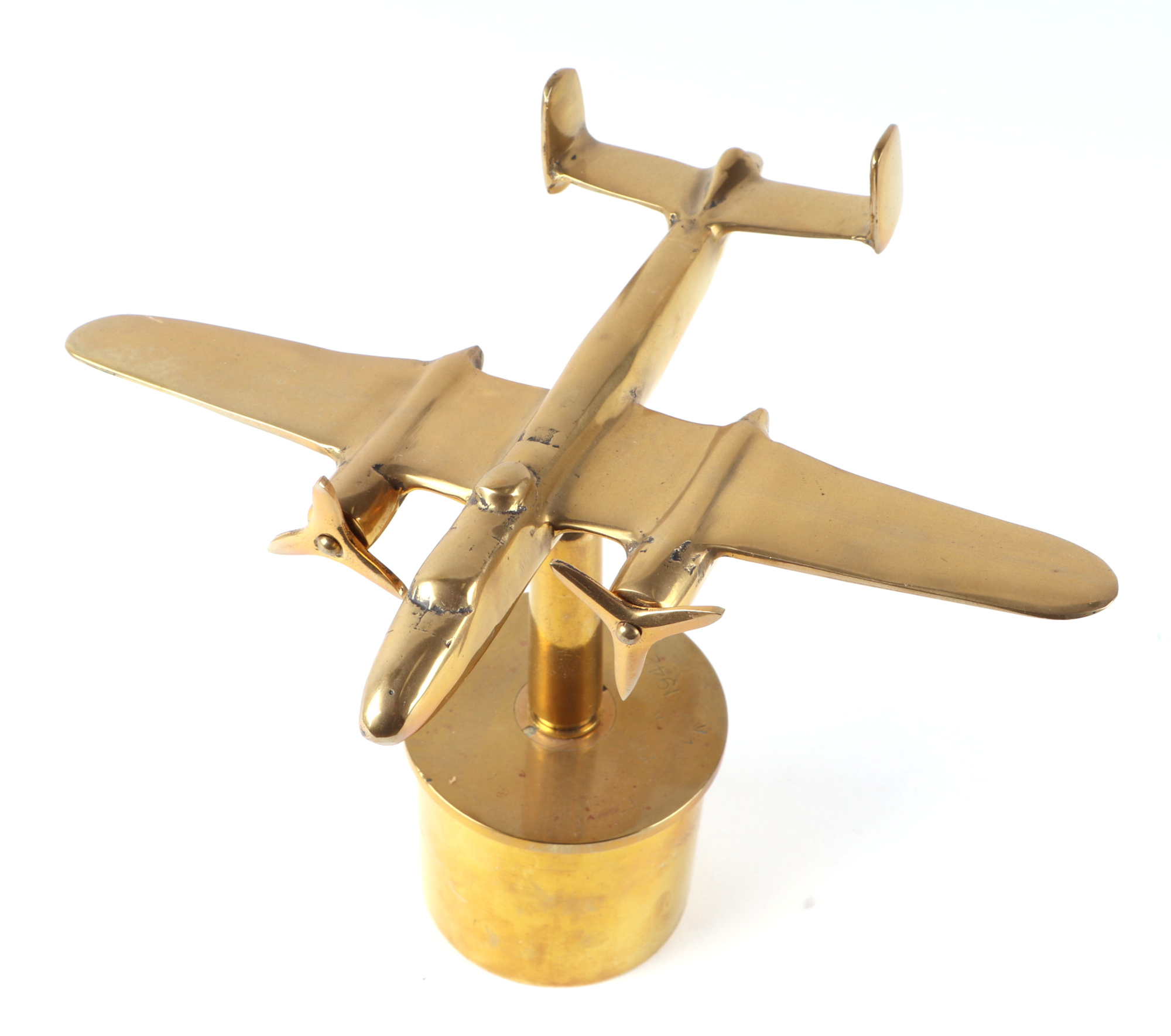 A trench art cast brass model of a Mitchell aircraft, mounted on a brass shell case, 27cm diameter. - Image 2 of 2