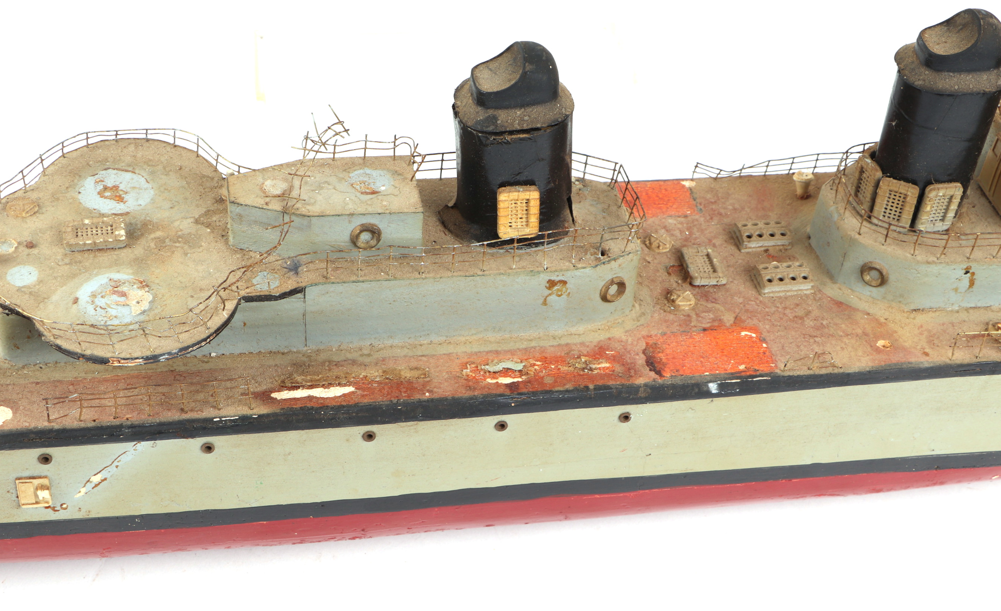 A scratch built model of a warship with painted wooden hull, approx 125cm long; together with - Image 4 of 13