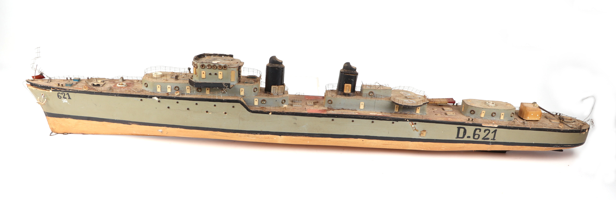 A scratch built model of a warship with painted wooden hull, approx 125cm long; together with - Image 7 of 13