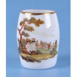 An 18th century German milk glass tankard, decorated a landscape with figures under a tree, 10cm