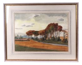 20th century school, figure on a tree lined lane, watercolour, framed and glazed, 37 by 27cm.