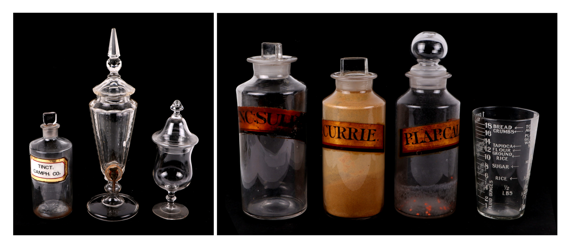 A 19th century cut glass syrup / cordial dispenser, 40cm high, a selection of five Victorian