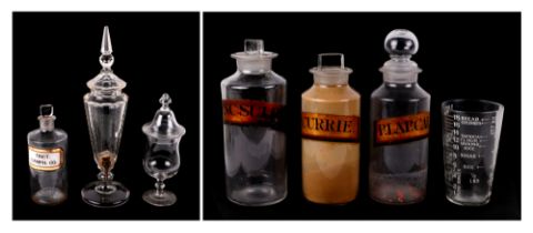 A 19th century cut glass syrup / cordial dispenser, 40cm high, a selection of five Victorian