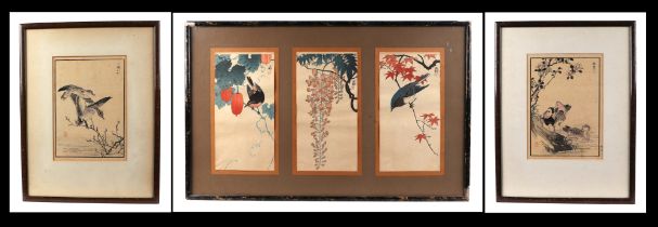 A set of three Japanese wood block prints, depicting birds and flowers, each 13 by 35cm, framed as