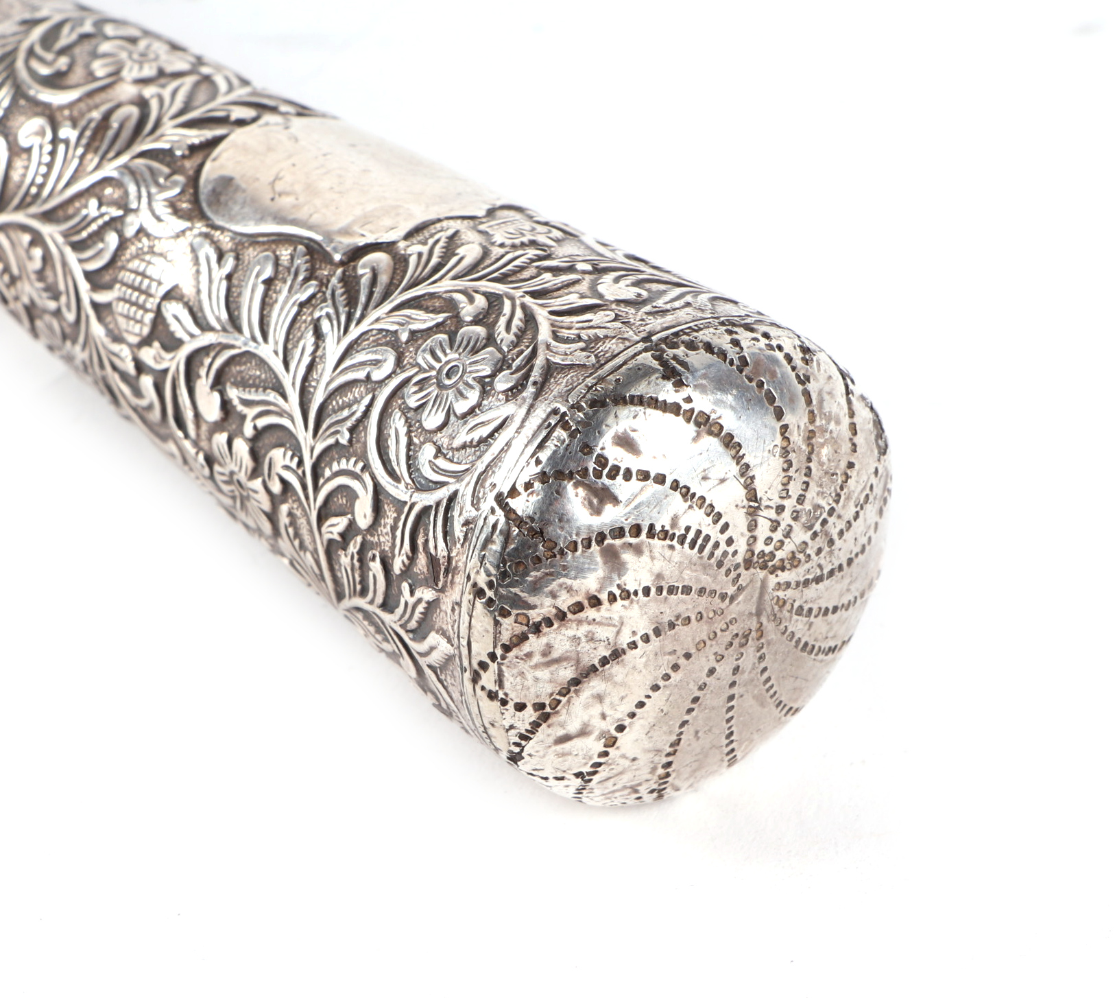 A late 19th century Malacca walking stick, with white metal band, ornate white mental handle, 91.5cm - Image 3 of 3