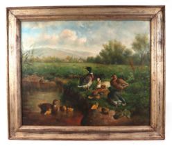 F Waller (late 19th century) - Landscape Scene with Ducks and Ducklings in the Foreground - oil on
