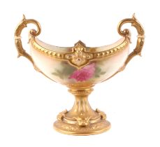 A Royal Worcester two handled pedestal bowl, decorated roses with gilt highlights, signed E M