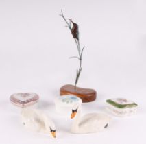 A Beswick swan, 1685, another similar, a bronze kingfisher, Limoges style porcelain pin dishes and