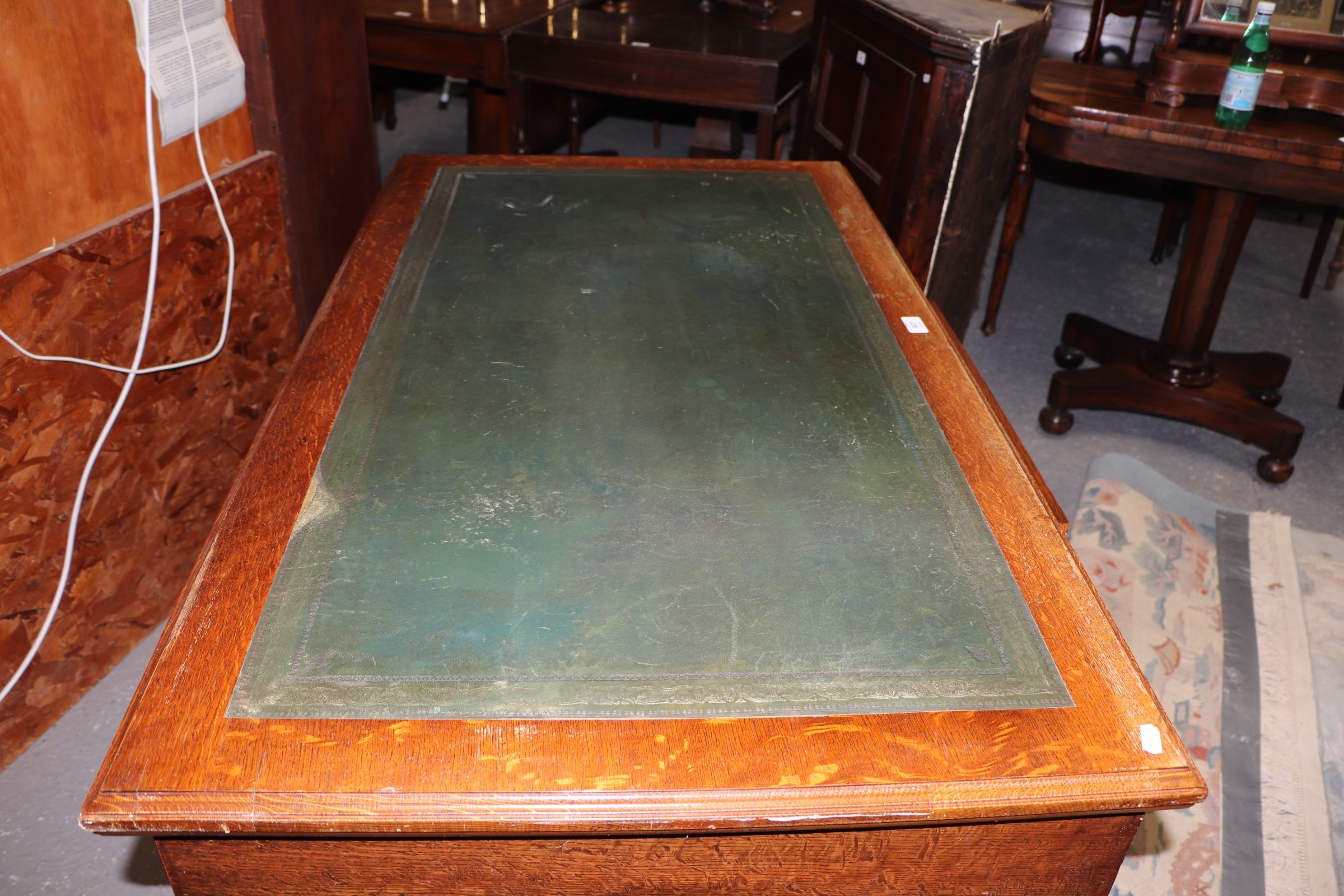 A late 19th pedestal desk, rectangular top with green inset leather, above an arrangement of nine - Image 5 of 8