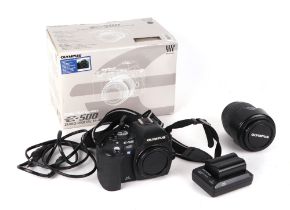 An Olympus E-500 SLR camera, boxed.