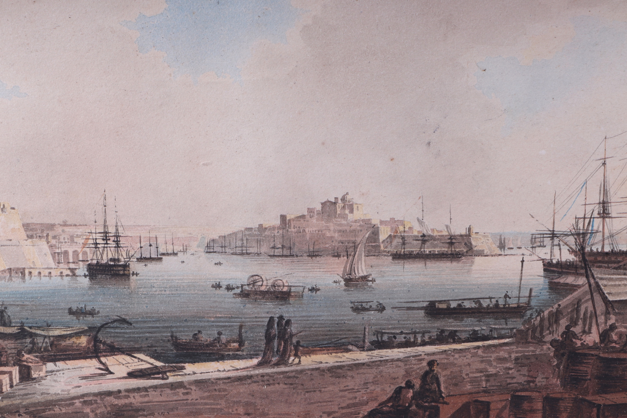 18th century continental school - Grand Harbour, Malta - watercolour, 31 by 18cm, framed. - Image 2 of 3