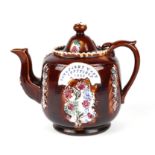 A Barge ware Measham teapot & cover with treacle glaze and garlands of flowers decoration, approx