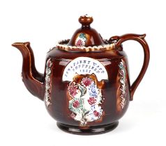 A Barge ware Measham teapot & cover with treacle glaze and garlands of flowers decoration, approx