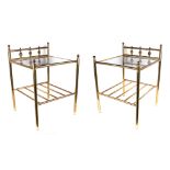 A pair of tubular brass side tables, with smoked glass top, and under tier, 42cm wide.