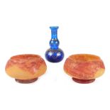 A pair of Art Glass bowls, 14cm diameter, together with a gilded glass flask, 14cm high. Condition