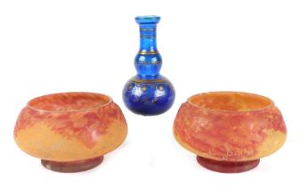 A pair of Art Glass bowls, 14cm diameter, together with a gilded glass flask, 14cm high. Condition