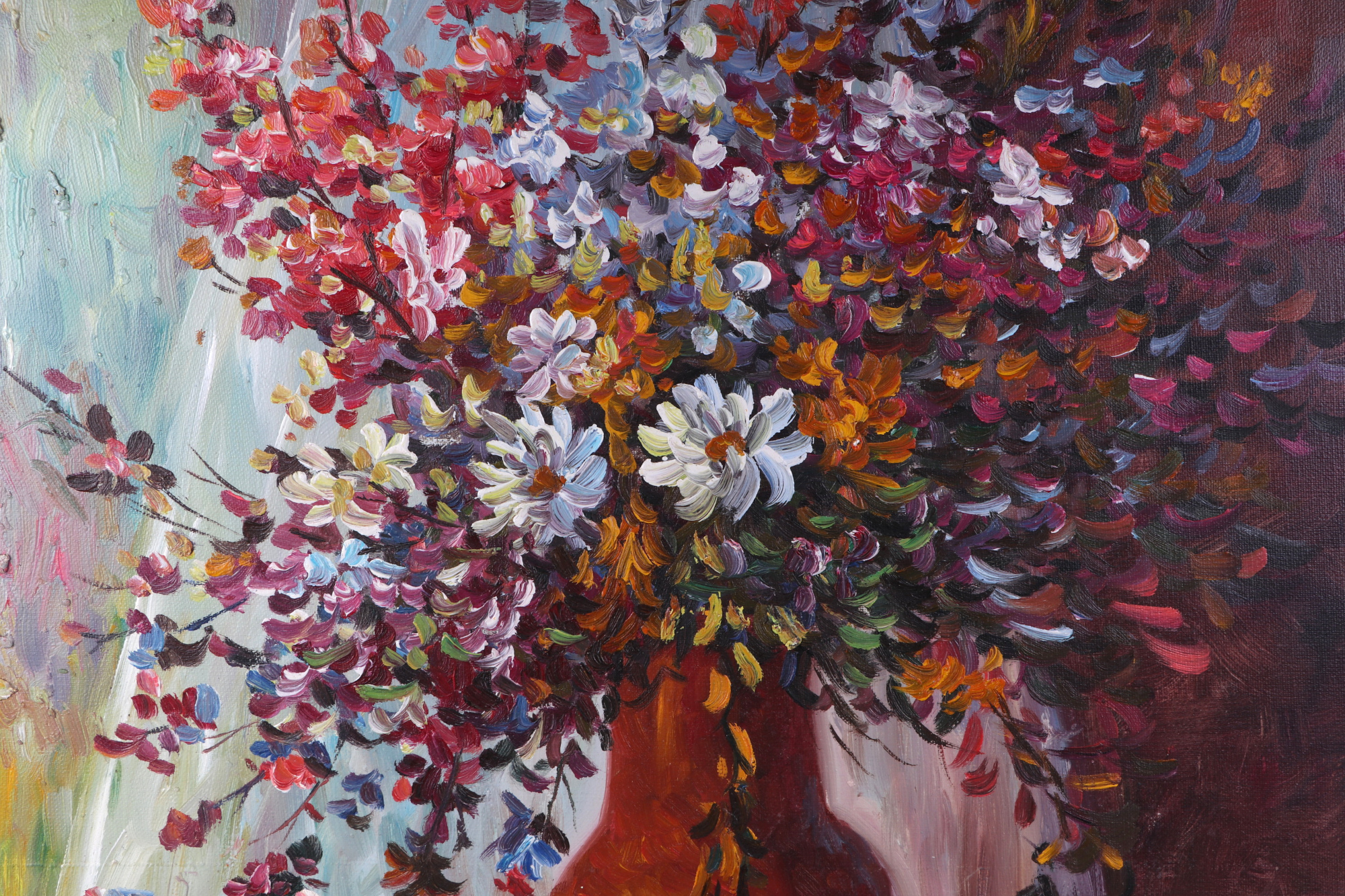 Pascali, still life flowers in a vase, signed lower right corner, oil on canvas, unframed, 51 by - Image 2 of 4