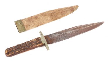 A Bowie type knife, with antler handle, the steel blade stamped Buck Totten Court and Rd , in a
