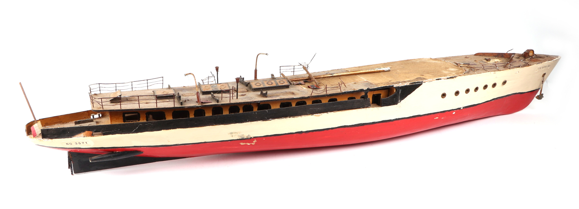 A scratch built model of a warship with painted wooden hull, approx 125cm long; together with - Image 8 of 13