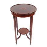 An Edwardian mahogany circular two tier occasional table, with painted and inlaid decoration, 46cm