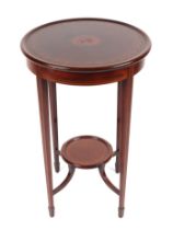 An Edwardian mahogany circular two tier occasional table, with painted and inlaid decoration, 46cm