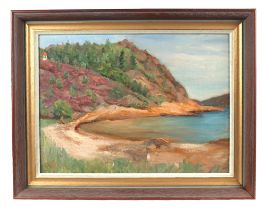 20th century school, coastal scene, with trees on a hillside, oil on board, framed, 39 by 29cm.