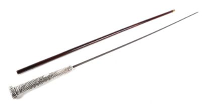 A stained hardwood swordstick, with ornate white metal handle inscribed July 2nd 1895, having a