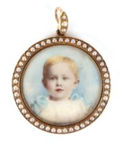 A late 19th century yellow metal mounted spilt pearl portrait miniature pendant, depicting a young