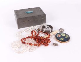 A quantity of costume jewellery, to include faceted amber bead necklace, crystal necklaces, silver