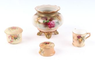 A group of Royal Worcester blush ivory miniatures, to include a tyg, and two lidded boxes,