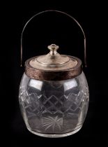 A George V silver mounted cut glass biscuit barrel, with swing handle, Birmingham 1927, 16cm high,