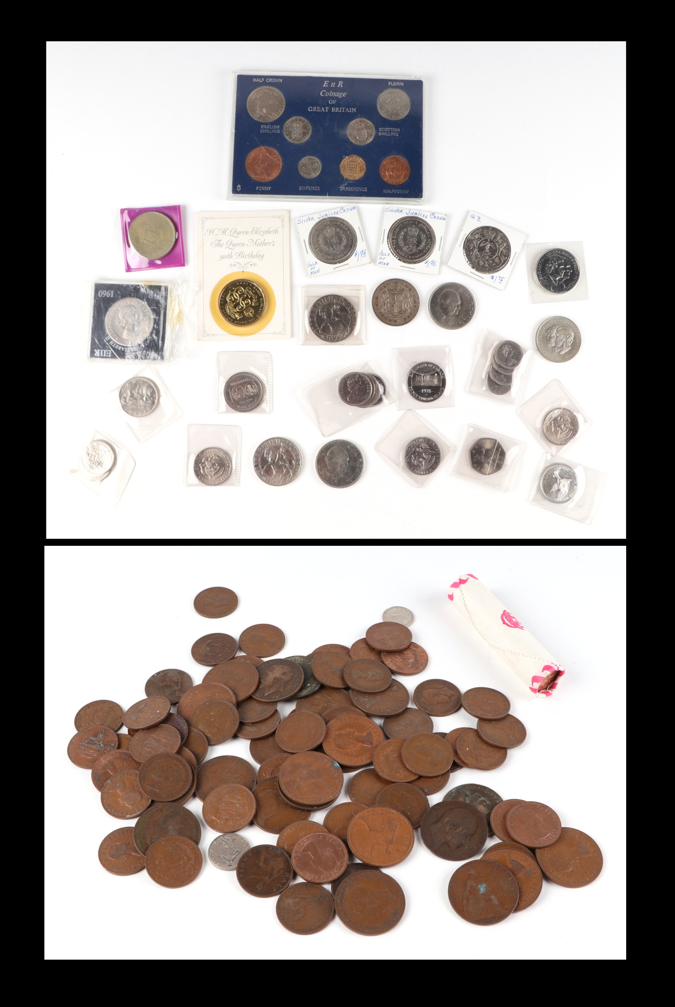 A group of mixed UK and foreign coinage, to include proof set and commemorative.