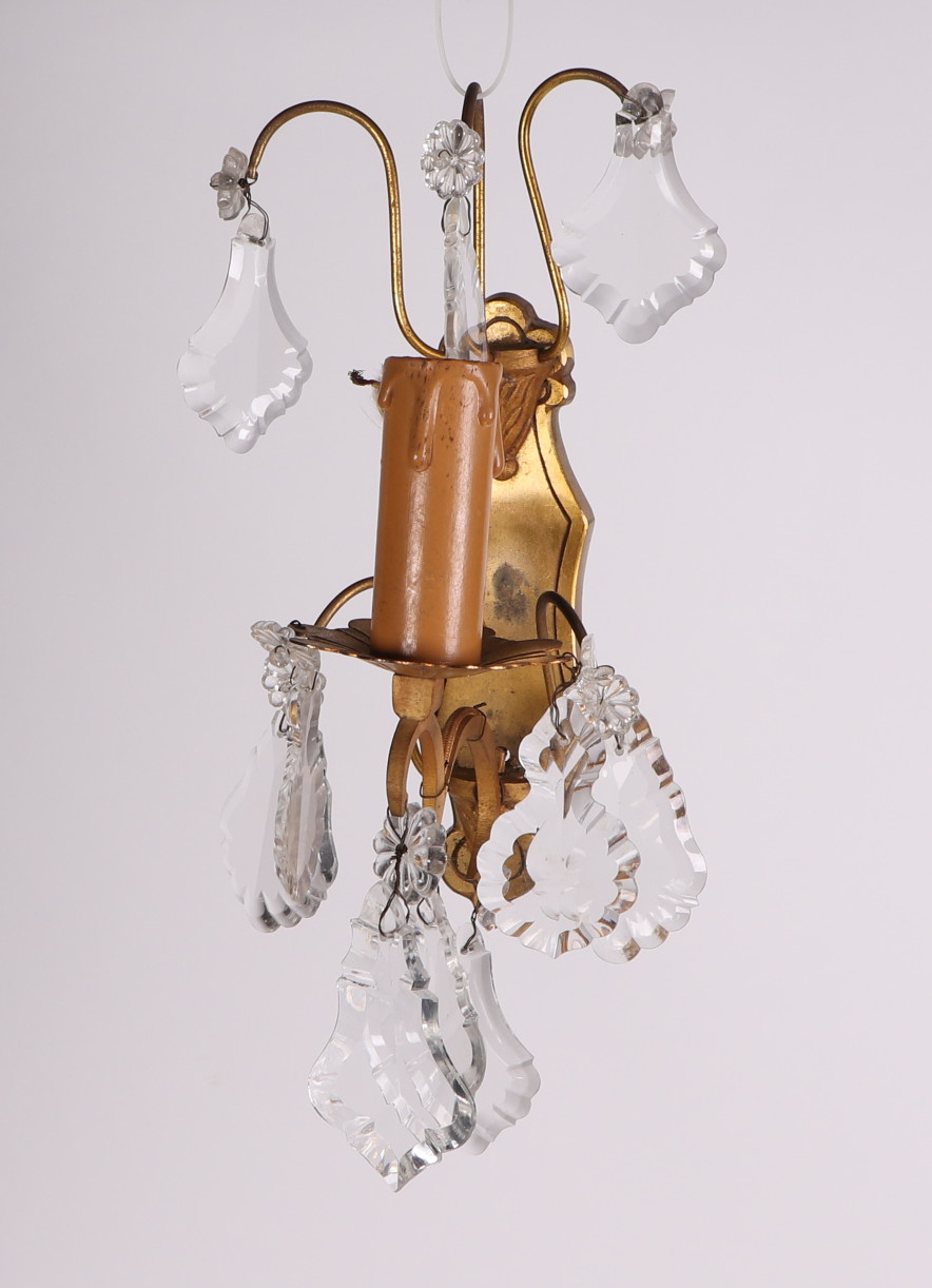 A glass and gilt metal six branch chandelier, with prismatic drops, approx 34cm wide, and two - Image 3 of 4