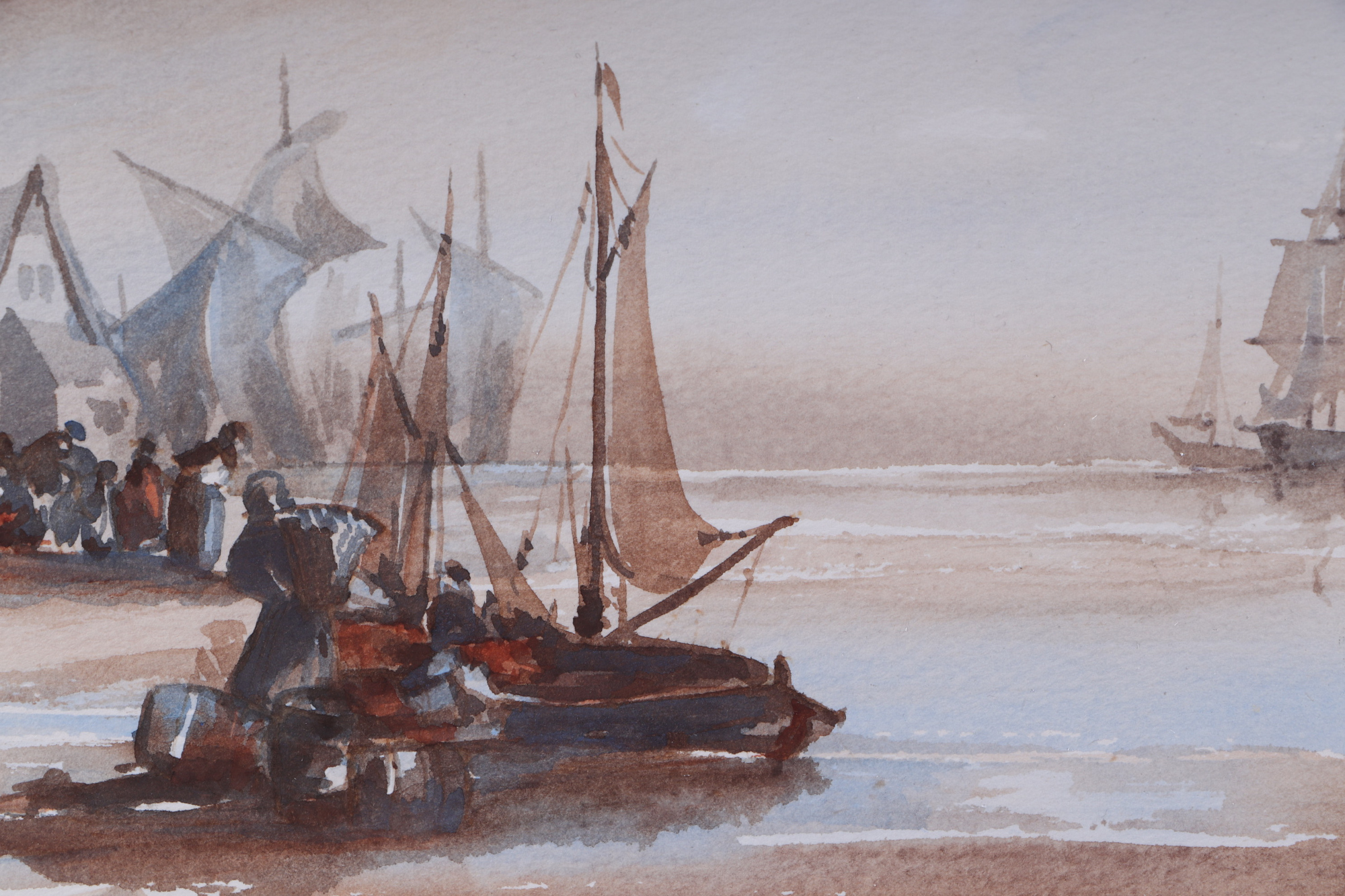 20th century English school, a coastal scene with fishing boats and tall ships, watercolour, 31 by - Image 2 of 3