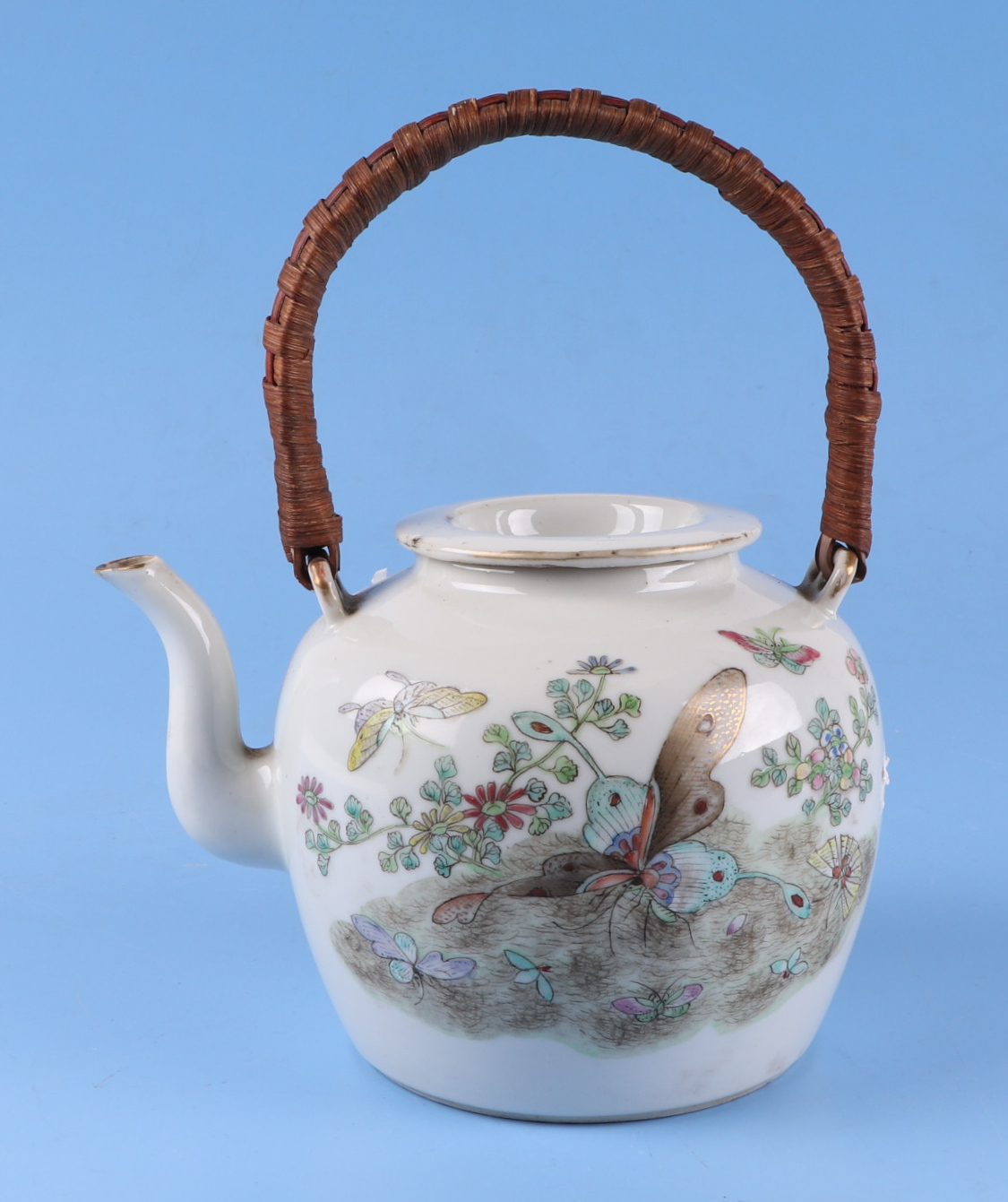 A Chinese famille rose teapot, decorated butterflies, swallows and flowers, and having a red seal - Image 8 of 12