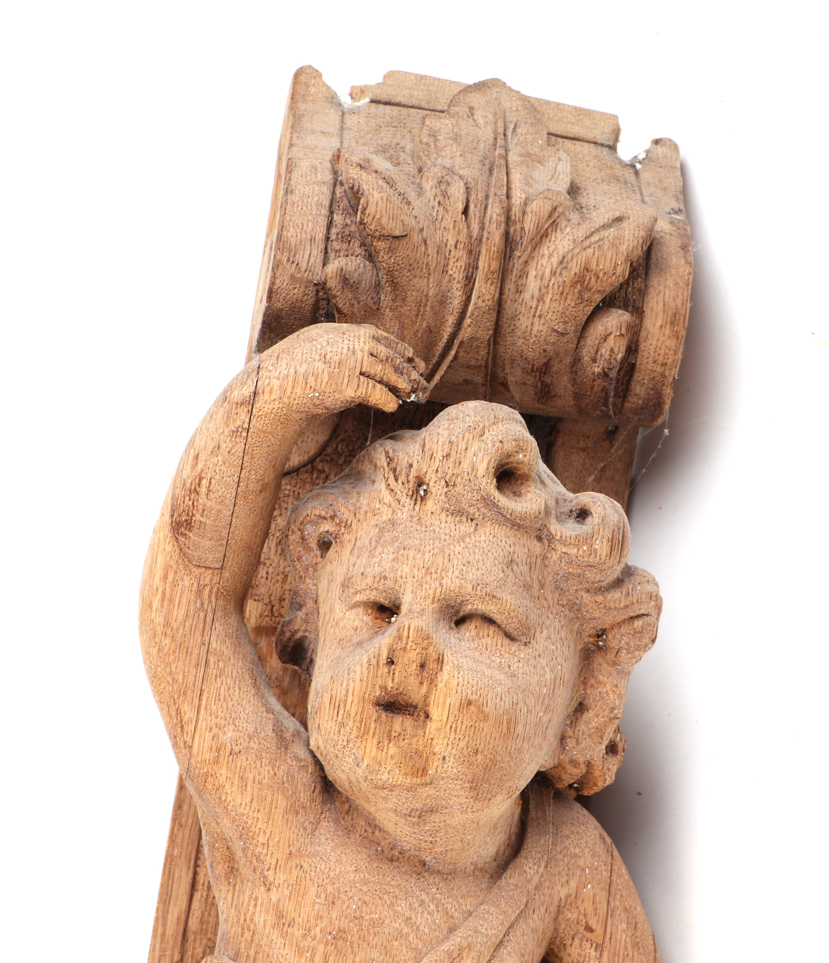 A carved oak corbel, in the form of a putti, possible 18th century, 65cm high, and a pine - Image 5 of 7