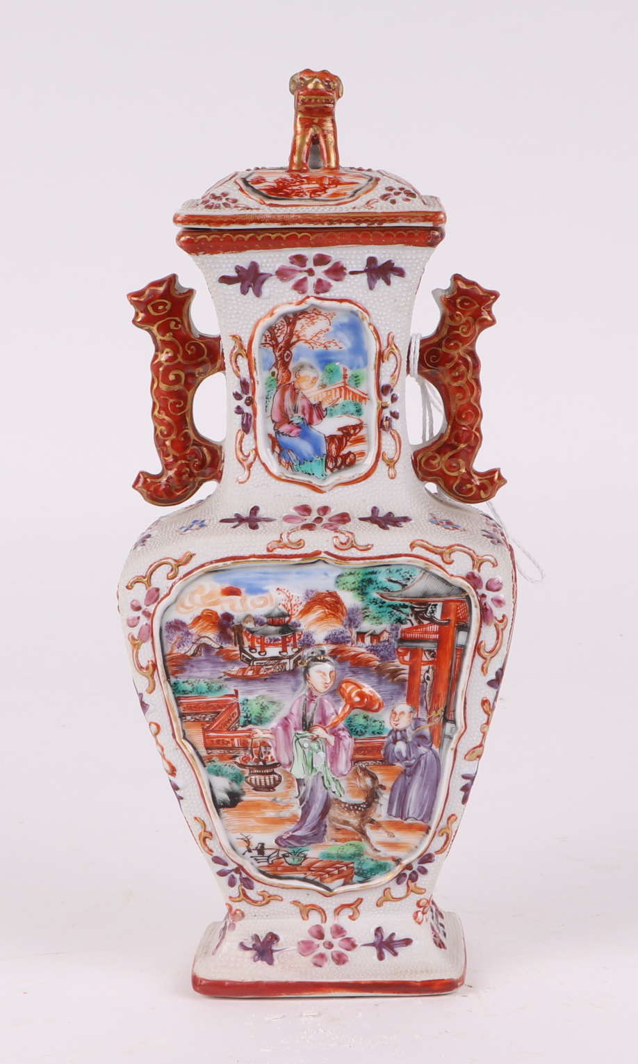 A pair of Chinese Mandarin palette famille rose Export vases and covers moulded in relief with - Image 11 of 25