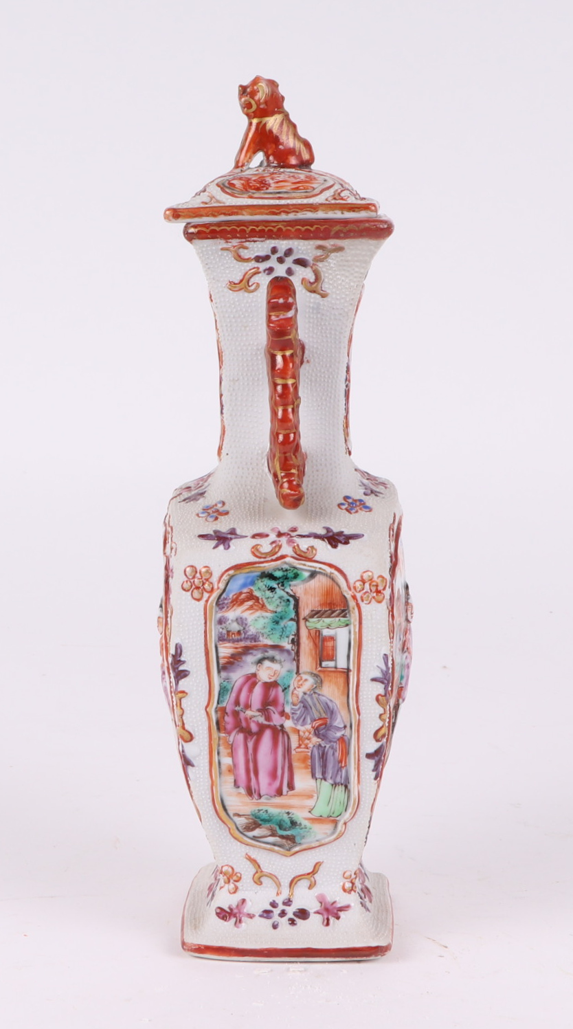 A pair of Chinese Mandarin palette famille rose Export vases and covers moulded in relief with - Image 12 of 25