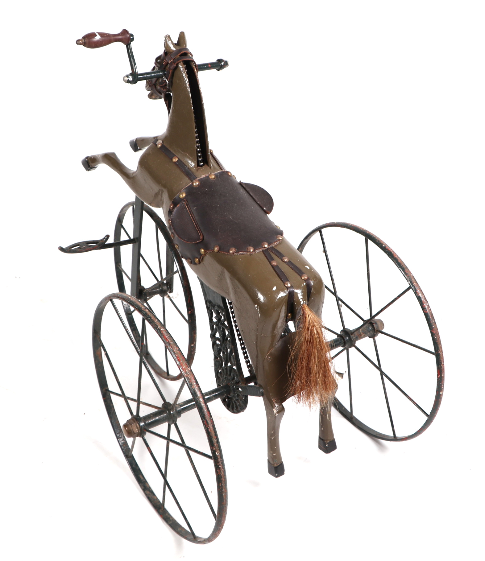 A 19th century French child's horse tricycle Velocipede, with a carved painted wooden body, cast - Image 3 of 4