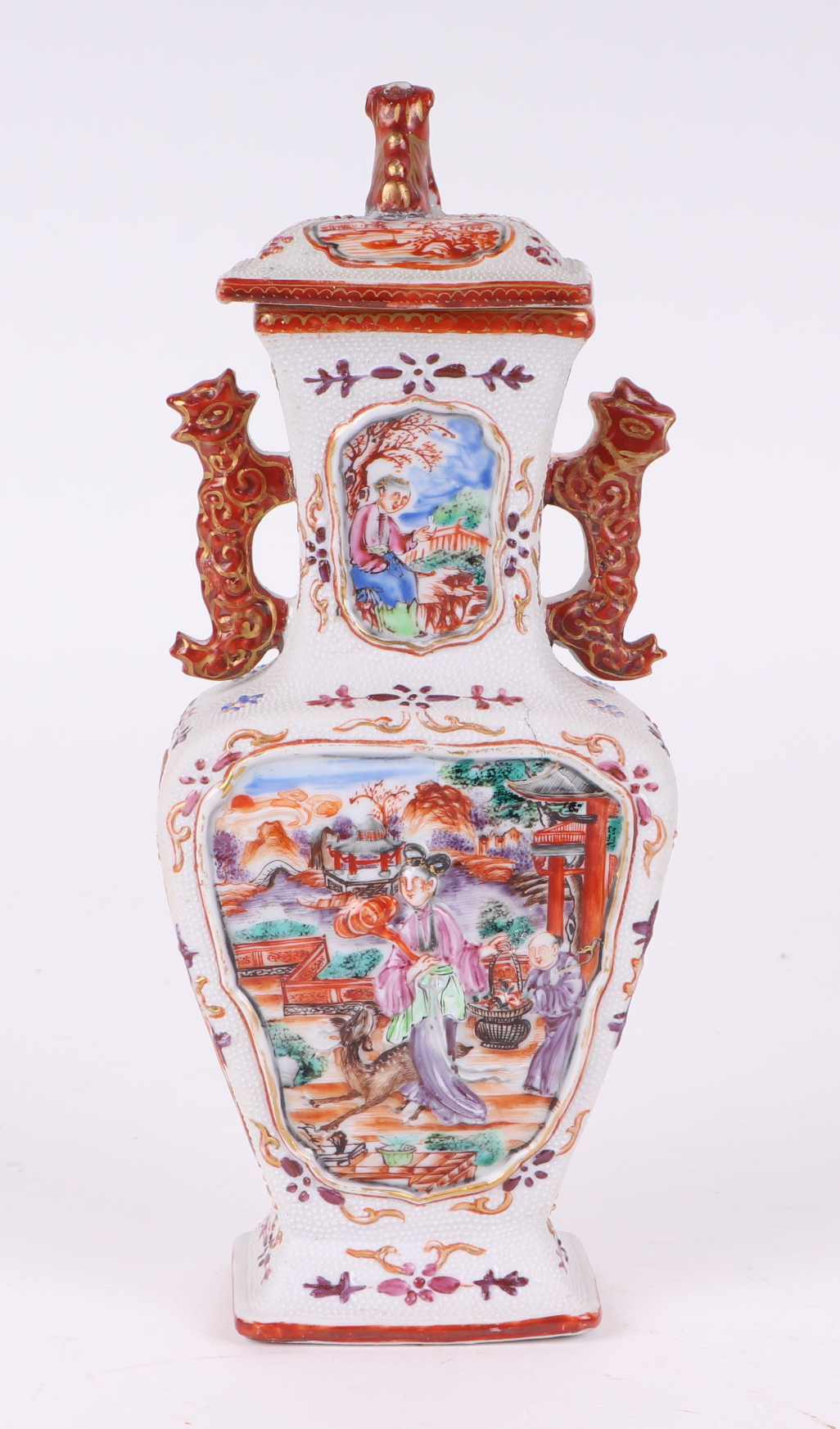 A pair of Chinese Mandarin palette famille rose Export vases and covers moulded in relief with - Image 6 of 25