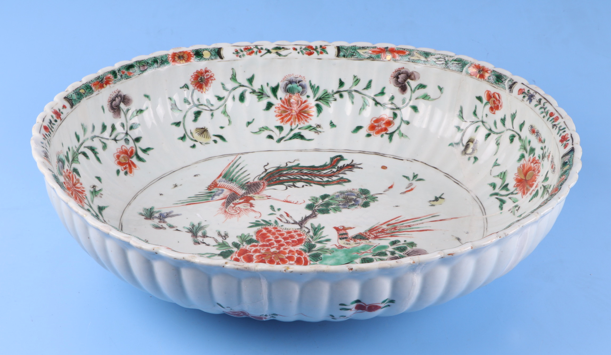 A large Chinese famille vert oval bowl, decorated exotic birds and flowers, 40cm wide. Condition - Image 2 of 11