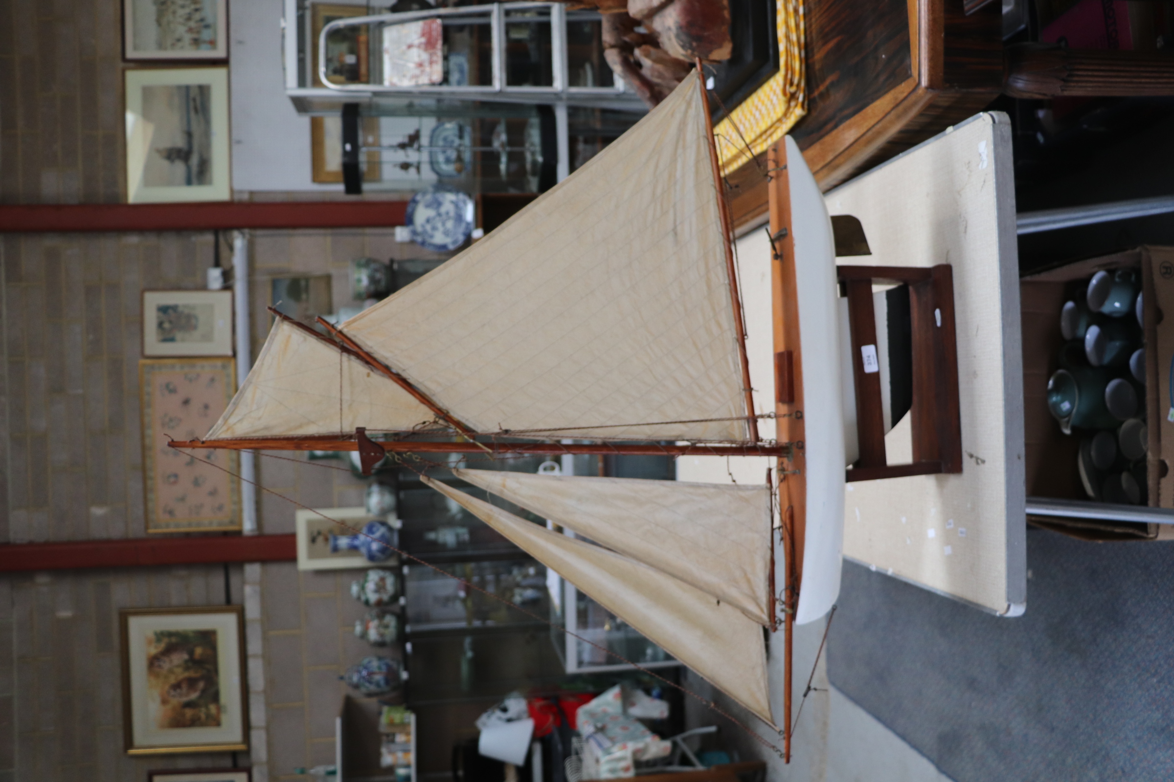 A pond yacht, having a painted hull, 72cm long, mounted on a stand. Condition Report Looks to be - Image 6 of 14