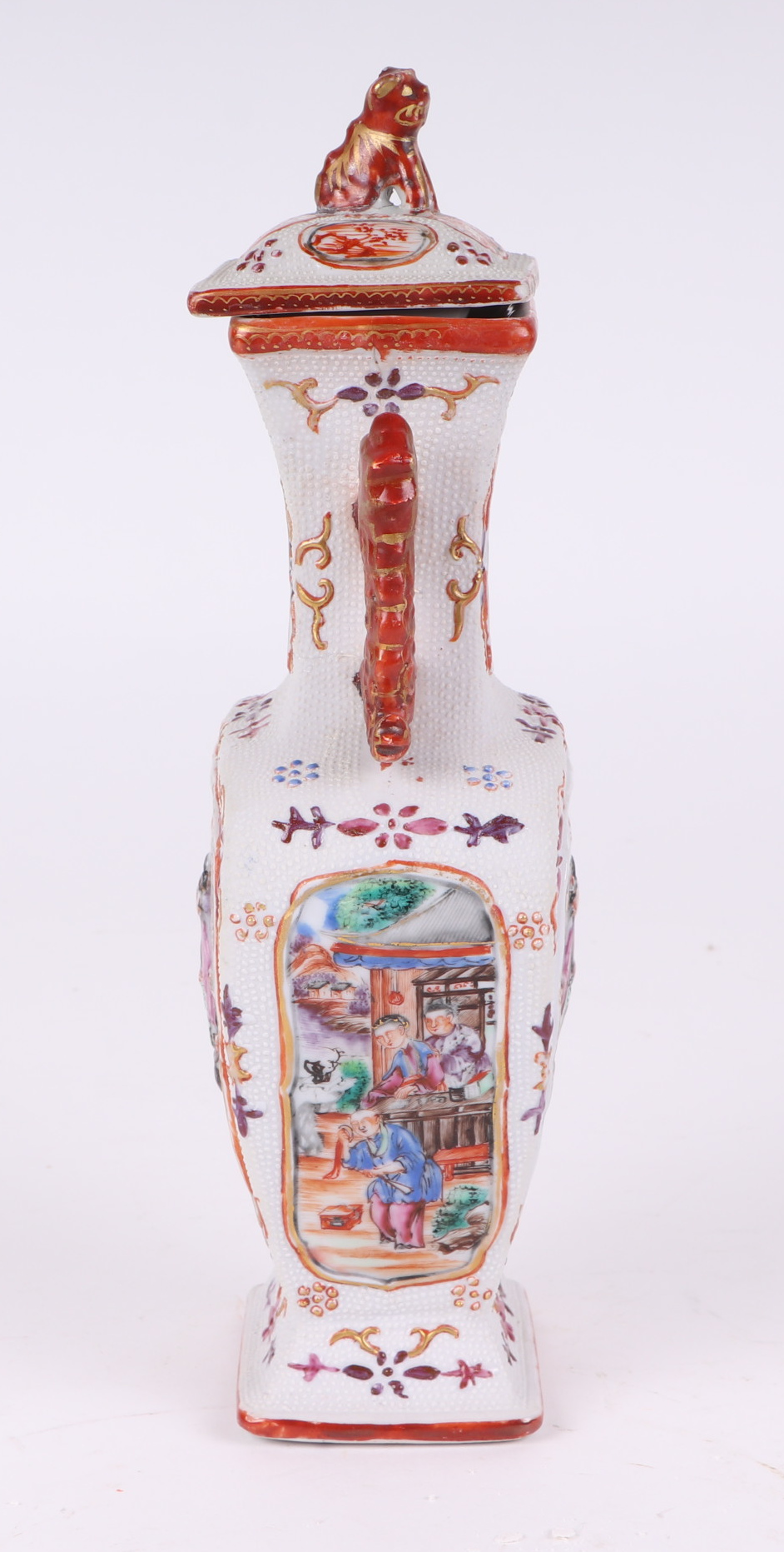 A pair of Chinese Mandarin palette famille rose Export vases and covers moulded in relief with - Image 7 of 25