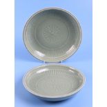 A Chinese celadon glaze shallow dish, with six character blue marks to the underside, 26cm diameter,