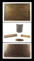 A Victorian church brass memorial sign, dated 1834, 76 by 38cm, a Victorian cast iron telegraph pole