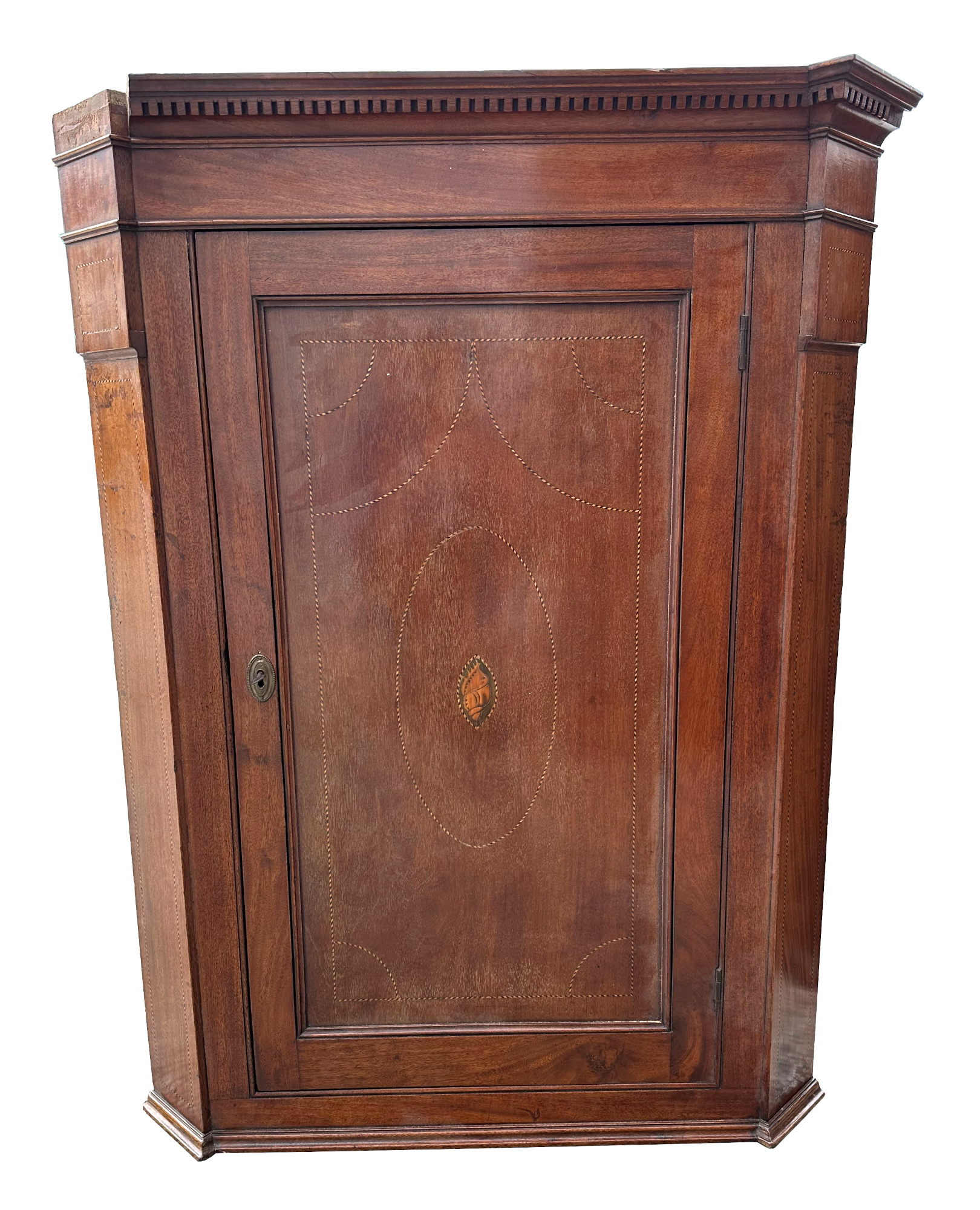 A 19th century mahogany hanging corner cabinet, having field panel door enclosing shelves, 86cm