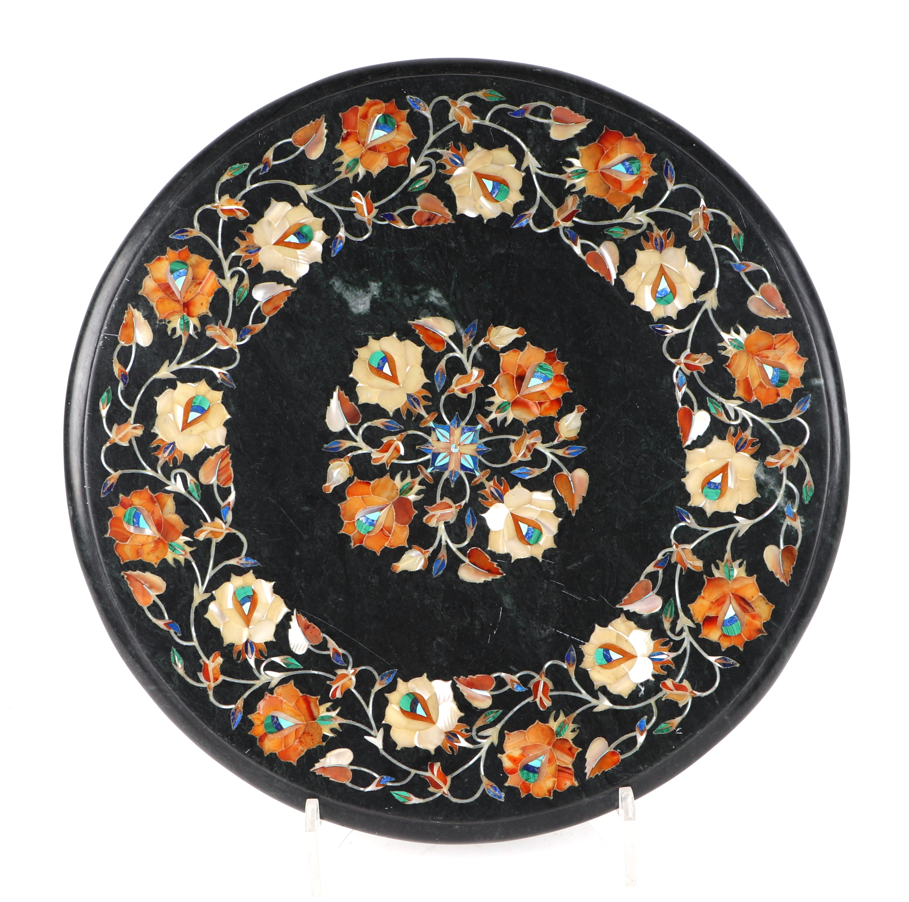 An Indian black marble and multi stone inlay, Pietra Dura style, marquetry circular table top panel, - Image 2 of 4