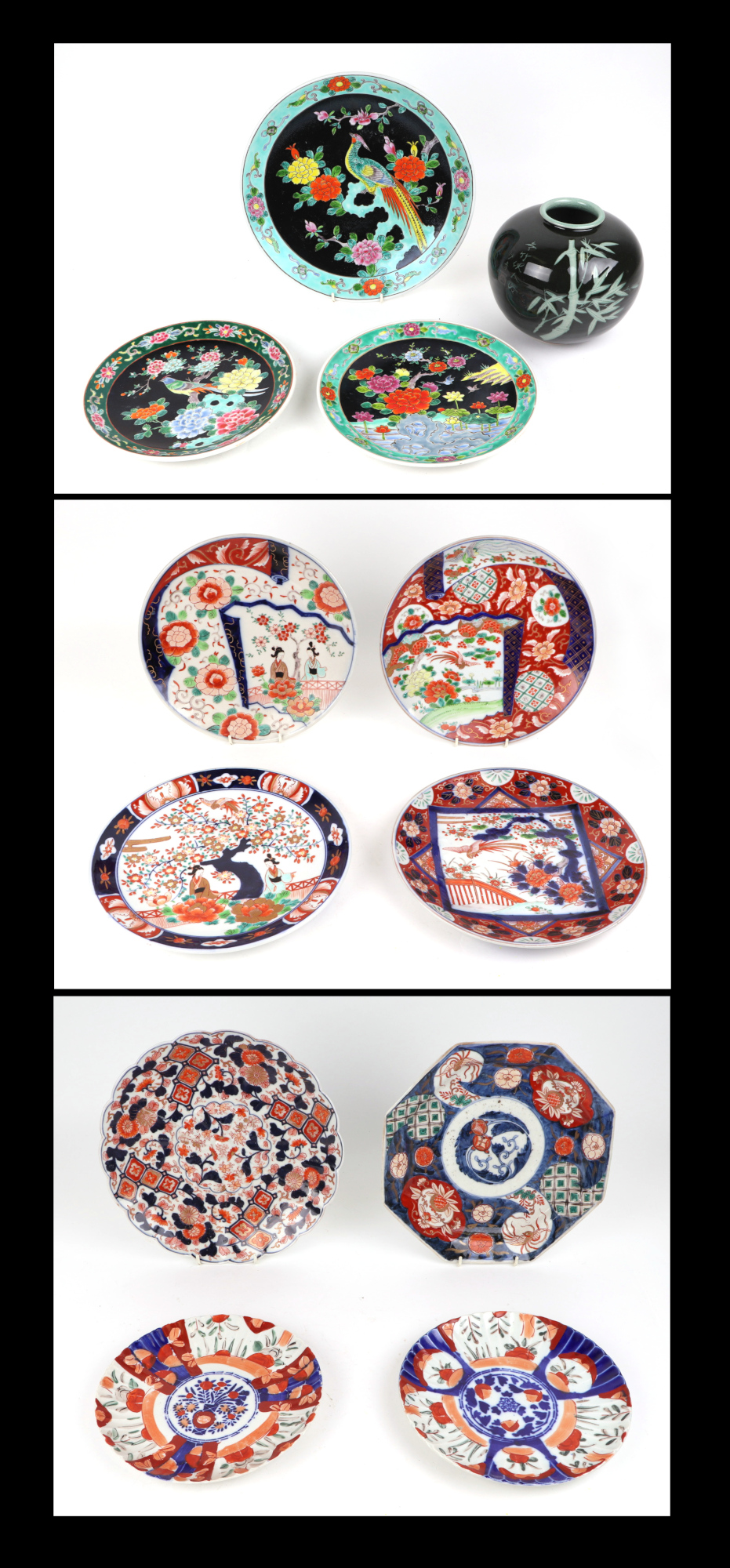 A group of Japanese Imari plates, largest 28cm diameter, a pair of Chinese plates, decorated birds